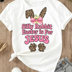 Silly Rabbit Easter Is For Jesus Leopard Print Bunny Ears And Paws Tshirt White Crewneck Casual Spring Easter Outfit