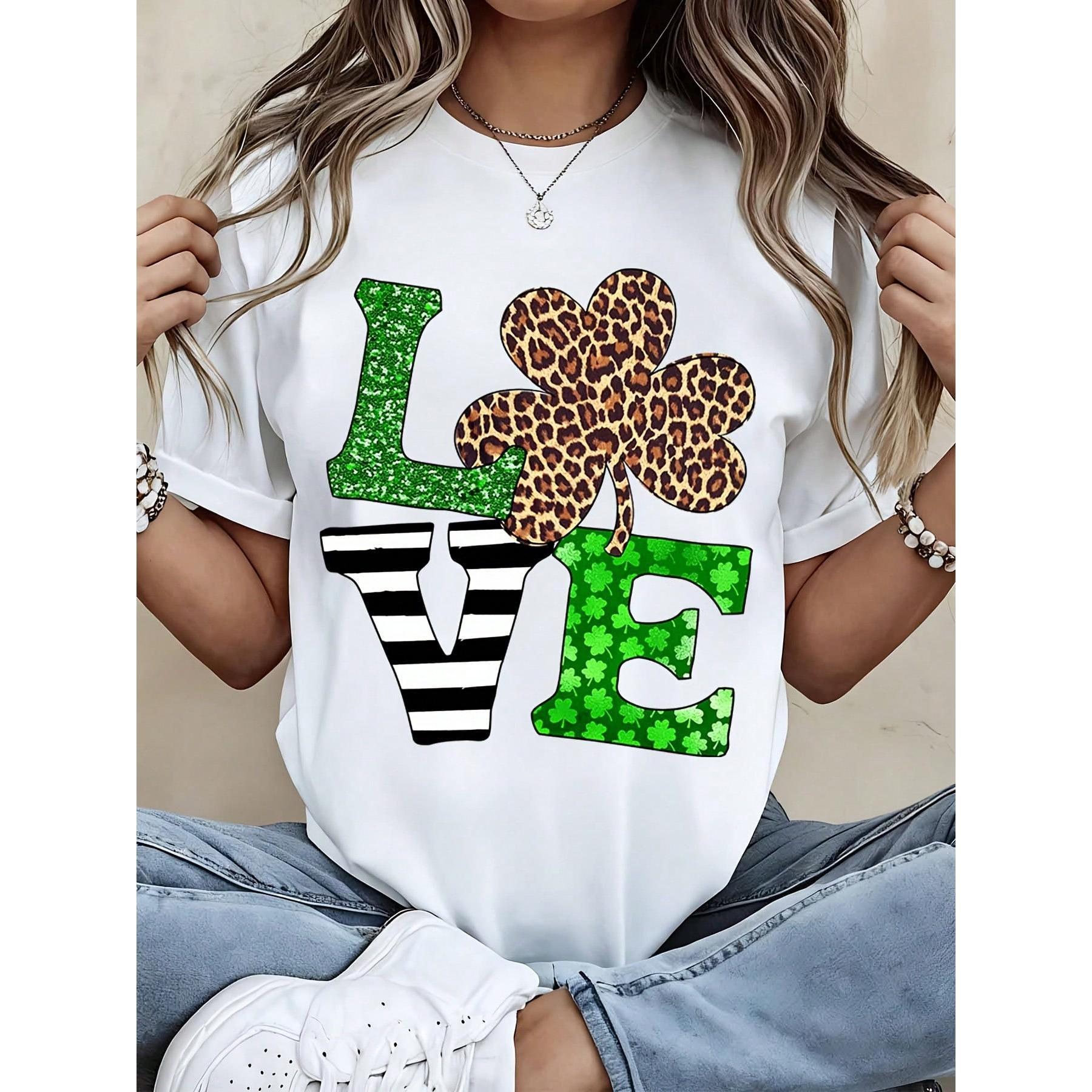 Love St Patrick Day Shirt With Leopard Clover Design Black T-Shirt For Women Casual Festive Wear Irish Celebration Outfit Green Glitter Print Cute Fashion Top Lucky Charm Pattern Streetwear Style Comfortable Soft Cotton Material Perfect