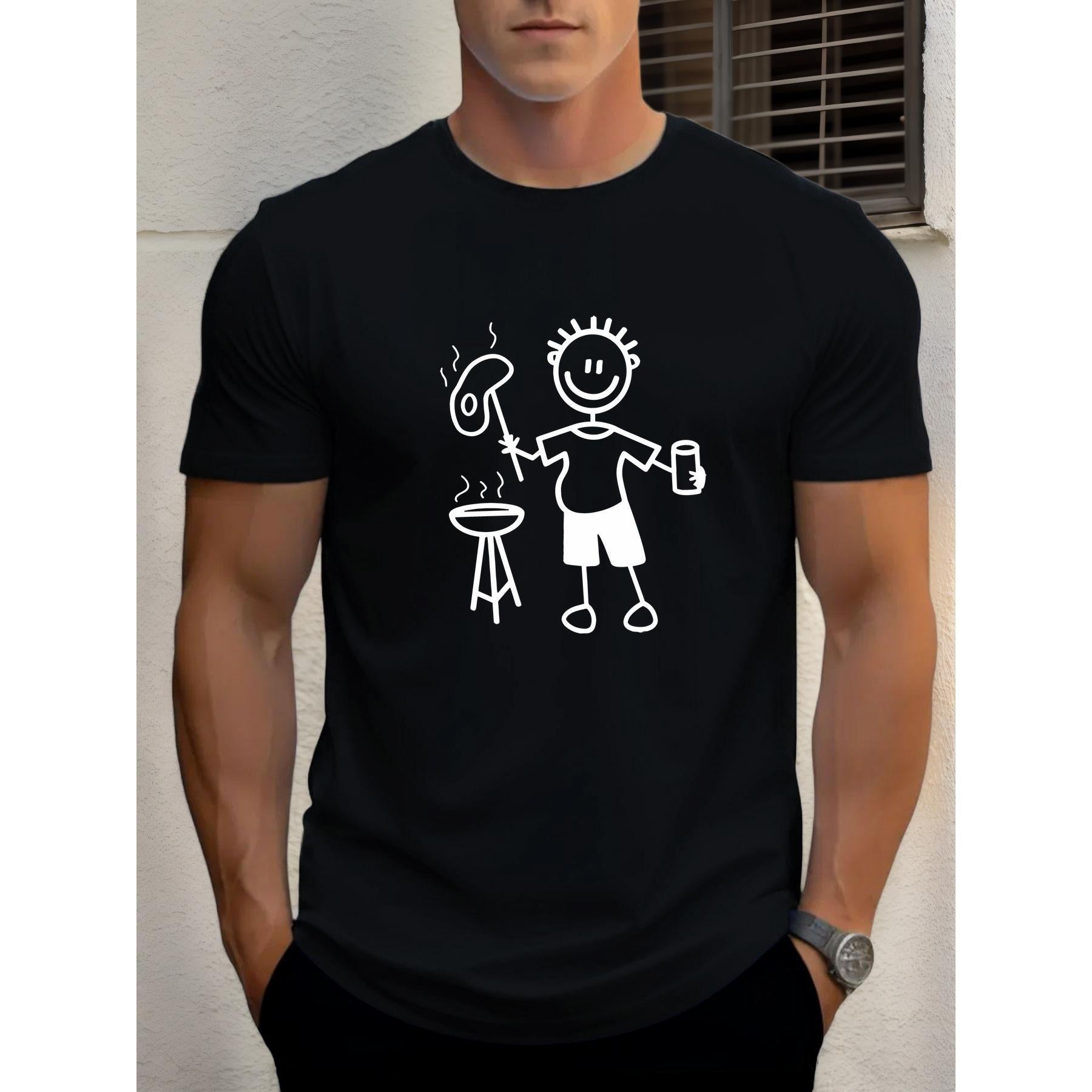 Men'S Casual Short Sleeve T-Shirt - Summer BBQ Graphic Print with Cartoon Character, Regular Fit Round Neck, Breathable Fabric