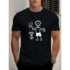 Men'S Casual Short Sleeve T-Shirt - Summer BBQ Graphic Print with Cartoon Character, Regular Fit Round Neck, Breathable Fabric