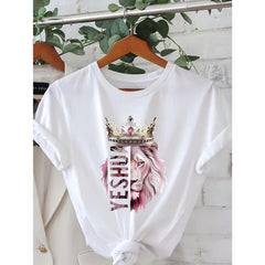 Women's T-Shirt With Lion King Crown And Lioness Pattern -Short Sleeve Round Neck Casual Spring Summer Top, Christian Faith Clothing With  Text