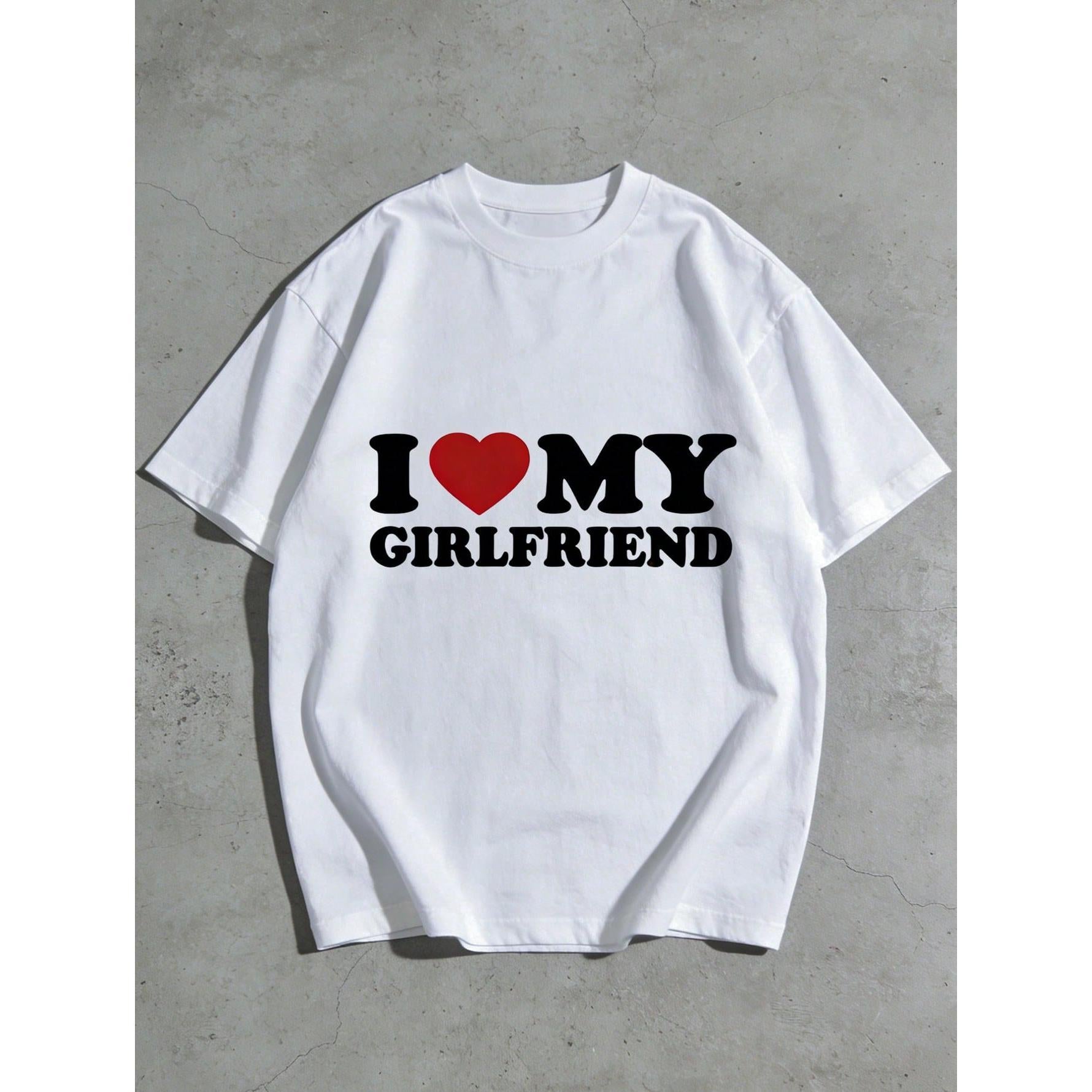 "I Love My Boyfriend" Men's T-Shirt - Valentine's Day Gift, 100% Cotton, Casual Crew Neck Short Sleeve T-Shirt, Black Background With White Text And Red Heart Design, Sizes S-5XL, Valentine's Day T-Shirt