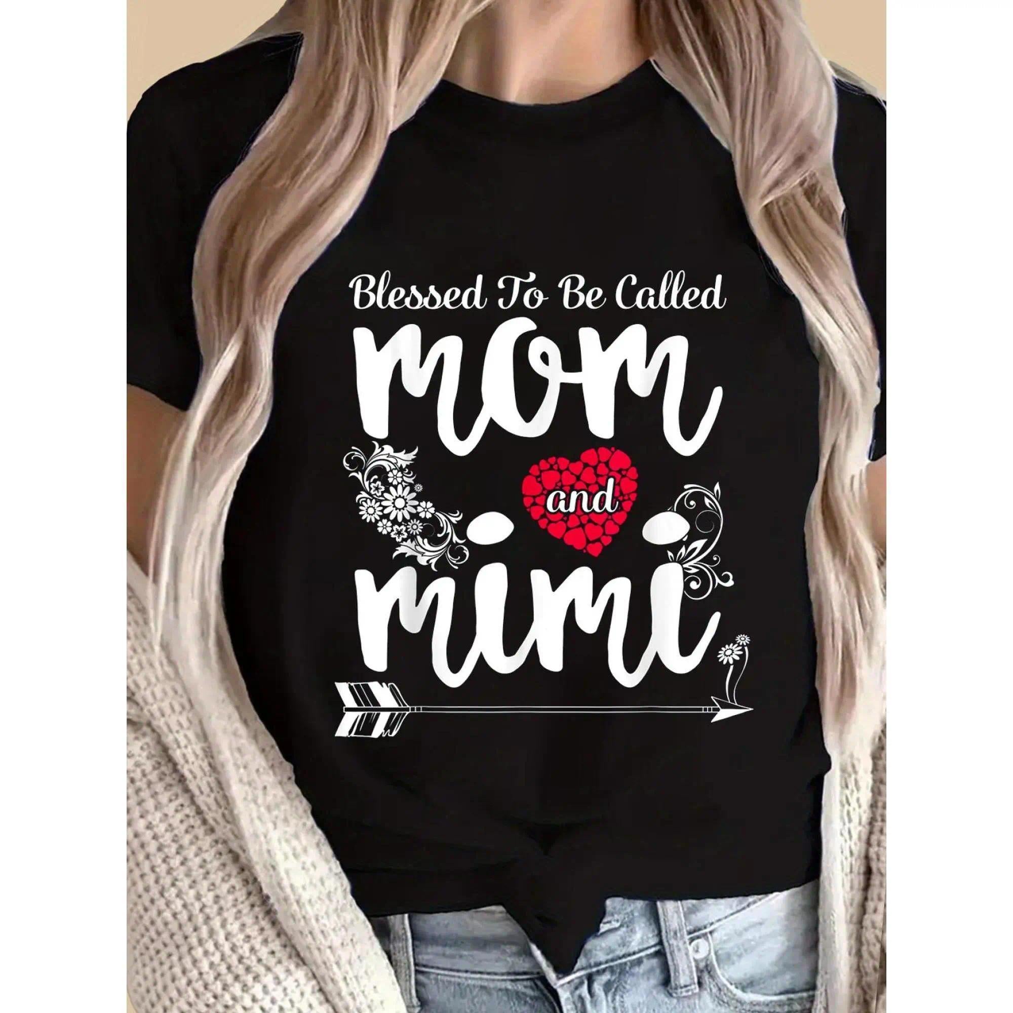 Called Mom And Mimi'S Blessing - Ladies Casual Pattern T-Shirt, Heart And Floral Design Short-Sleeve Top, Perfect Mother'S Day Gift for Spring And Summer, Daily T-Shirt| Loose Fit T-Shirt| Glossy Finish, Mother'S Day Gift for Mom