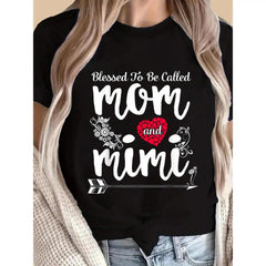 Called Mom And Mimi'S Blessing - Ladies Casual Pattern T-Shirt, Heart And Floral Design Short-Sleeve Top, Perfect Mother'S Day Gift for Spring And Summer, Daily T-Shirt| Loose Fit T-Shirt| Glossy Finish, Mother'S Day Gift for Mom