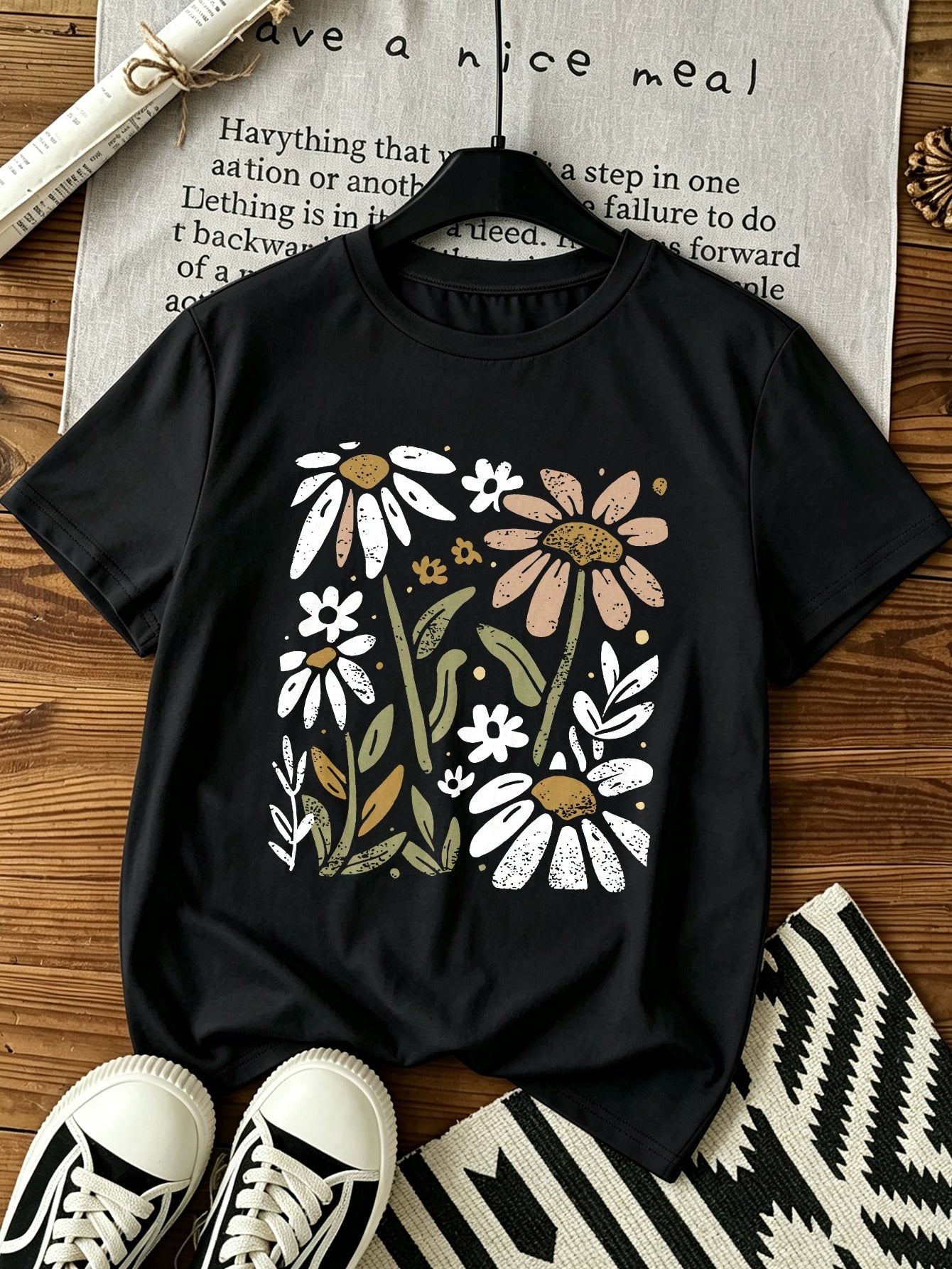 Glissea Women's Casual Vintage Floral Print Slim Fit Short Sleeve T-Shirt Graphic Tees Women Tops Everyday Dark Grey Summer