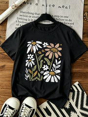 Glissea Women's Casual Vintage Floral Print Slim Fit Short Sleeve T-Shirt Graphic Tees Women Tops Everyday Dark Grey Summer