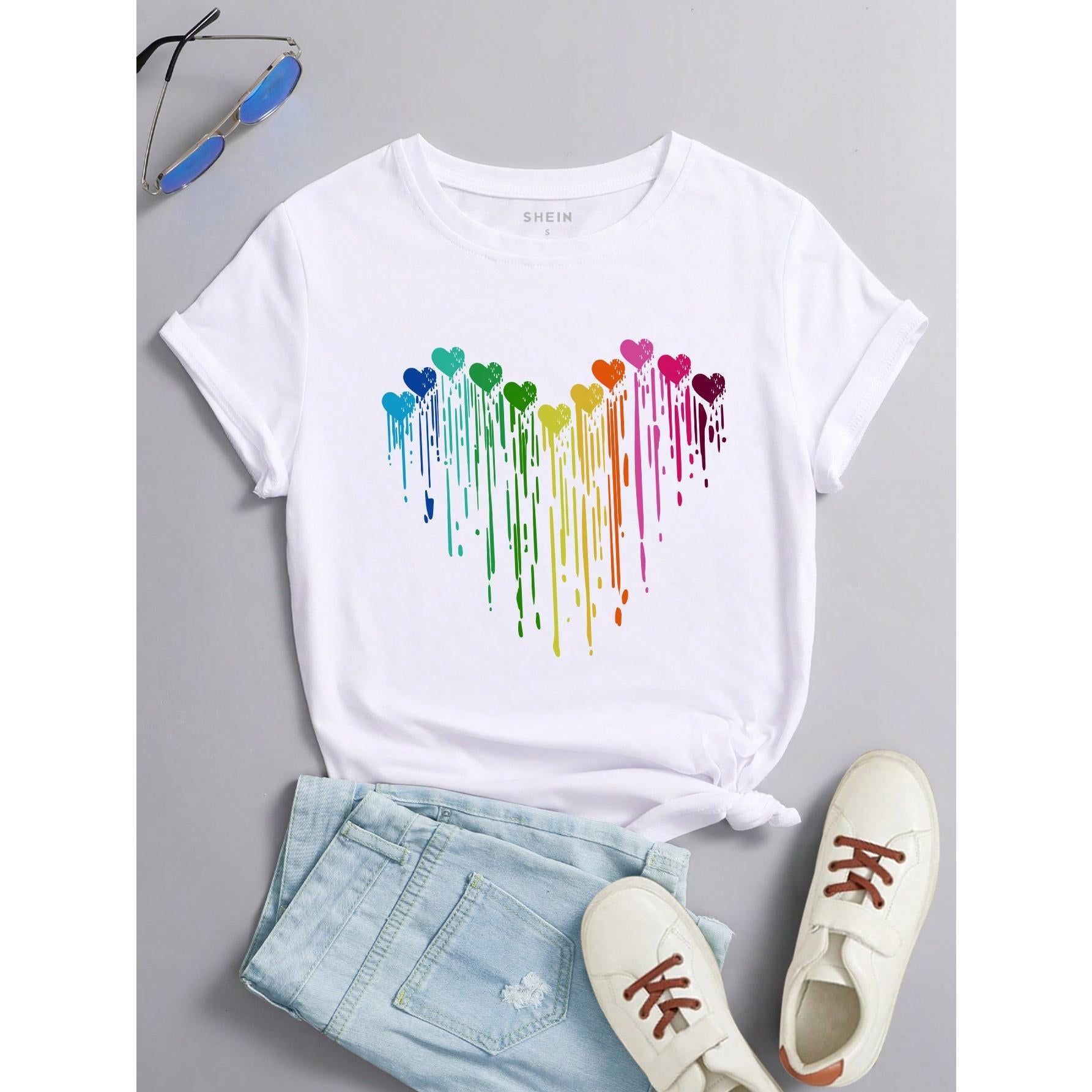Women's Black Heart Pattern Regular Crew Neck Cotton Short Sleeve Top, Valentine's Day Gift
