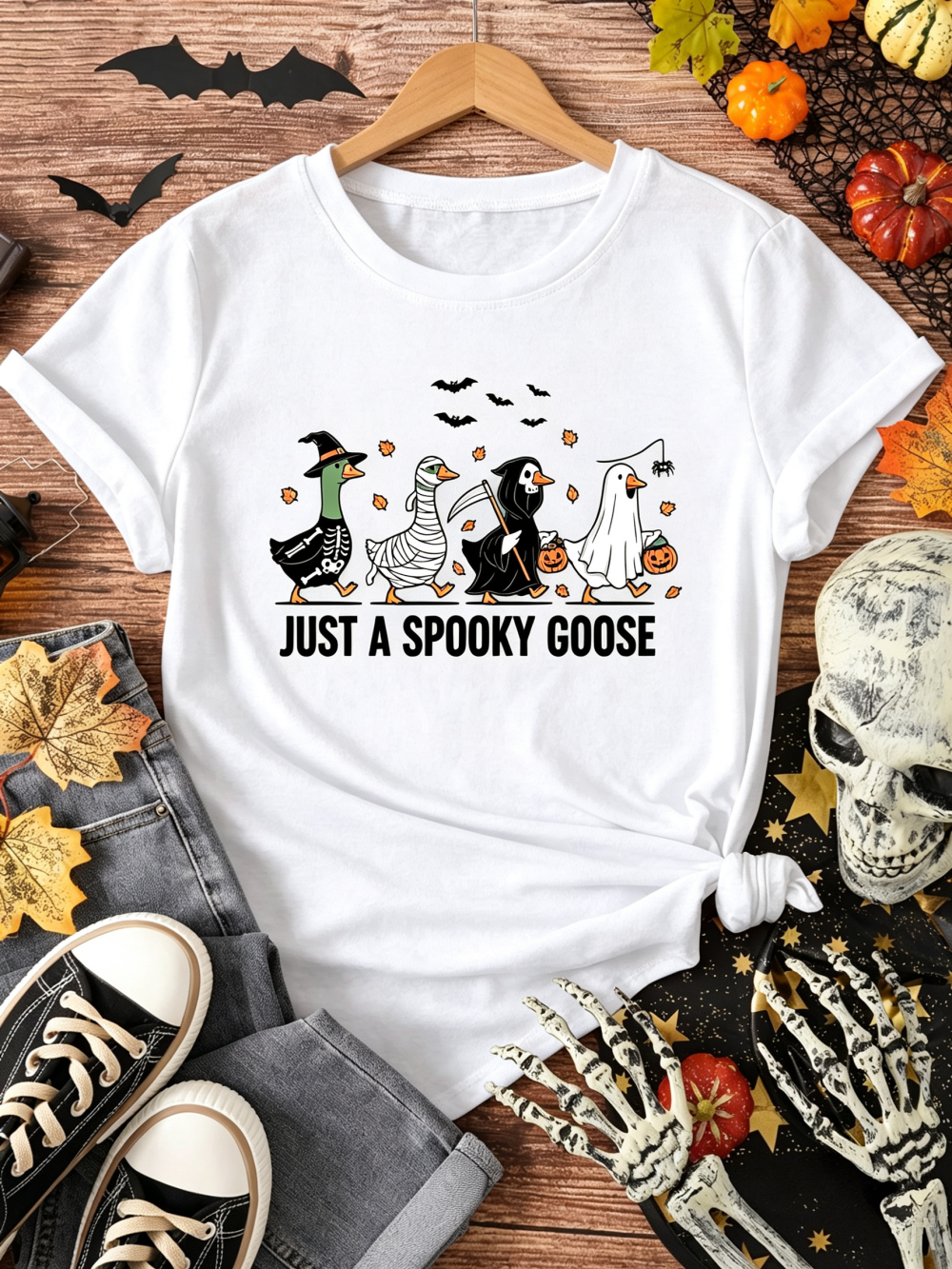 Women's Crew Neck Graphic T-Shirt, Just A Spooky Goose Halloween Funny Goose Short Sleeve Casual Tee