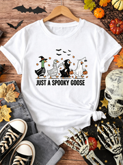 Women's Crew Neck Graphic T-Shirt, Just A Spooky Goose Halloween Funny Goose Short Sleeve Casual Tee