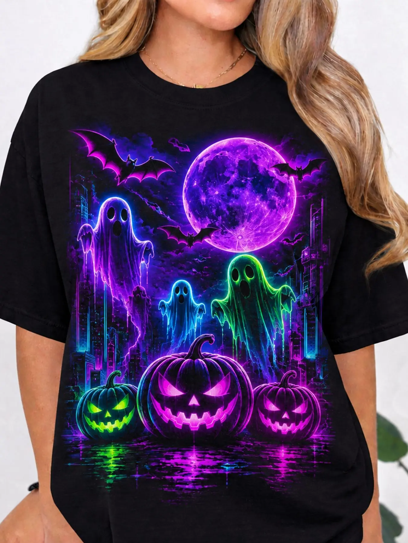 Halloween Women's Ghost Print Graphic T-Shirt, Halloween Short Sleeve Crew Neck Casual Fall Tee