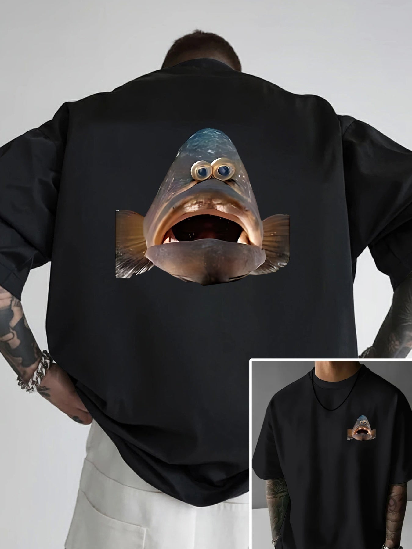 Funny Fish Print T-Shirt - Double-Sided Front & Back Fish Head, Short Sleeve Round Neck Casual Summer Tee