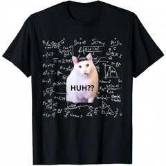 Women's Cotton Round Neck Short-Sleeve Casual Natural Fit Funny Huh Cat Math Meme Print Black T-Shirt, Women's Casual Wear Top, Shortsleeve, Tshirt, Funny Print, Comfortable, Style, Clothes, Lady, Pure Cotton, T-Shirt Top, Crew Neck, Breathable, Elegant,,