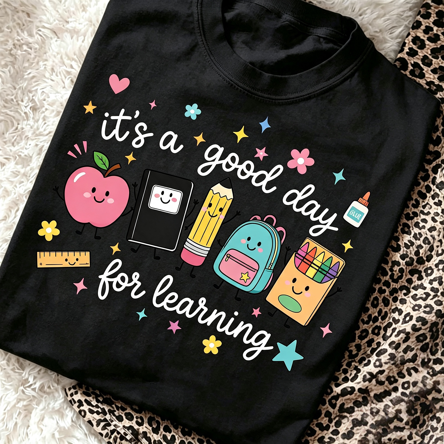 It's A Good Day For Learning Teacher Graphic T‑Shirt Women Cute School Supplies Cartoon Casual Short Sleeve Tee
