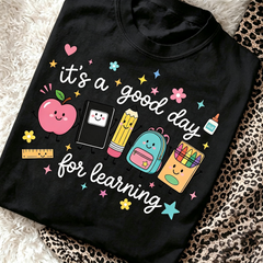 It's A Good Day For Learning Teacher Graphic T‑Shirt Women Cute School Supplies Cartoon Casual Short Sleeve Tee