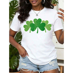 Women T Shirt Clover Print Round Neck Casual Top For St Patricks Day Gift 220g