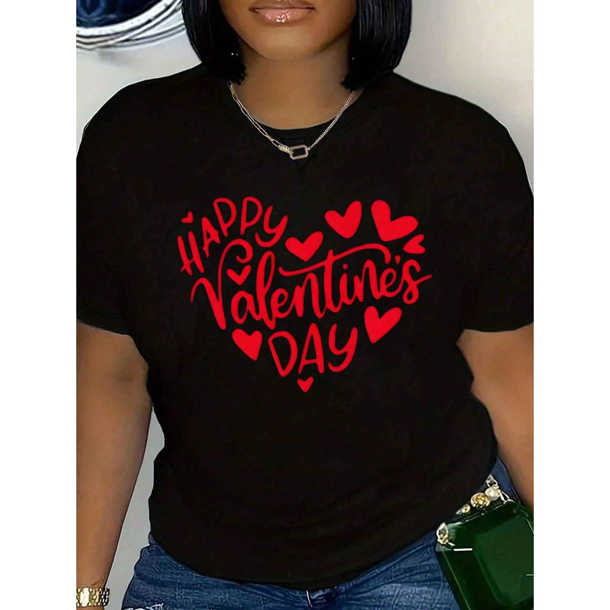 Women's T-Shirt Happy Valentine's Day Heart Print Graphic Tee Plus Size Casual Valentine's Day Outfit 220g