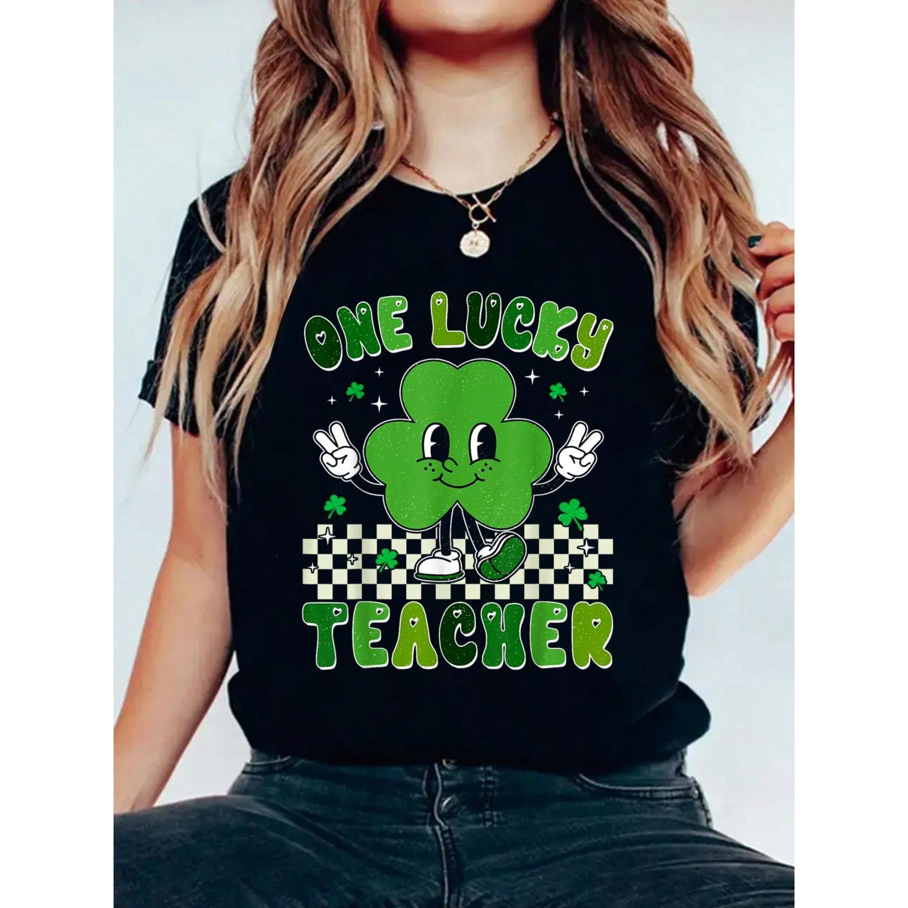 Groovy One Lucky Teacher Shamrock Face St Patrick's Day T-Shirt Print Cotton T-Shirt For Summer, Women's Soft Short Sleeve Top, Stylish Comfy Tee For Women Graphic Tees