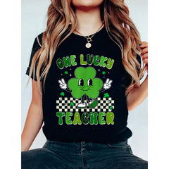 Groovy One Lucky Teacher Shamrock Face St Patrick's Day T-Shirt Print Cotton T-Shirt For Summer, Women's Soft Short Sleeve Top, Stylish Comfy Tee For Women Graphic Tees