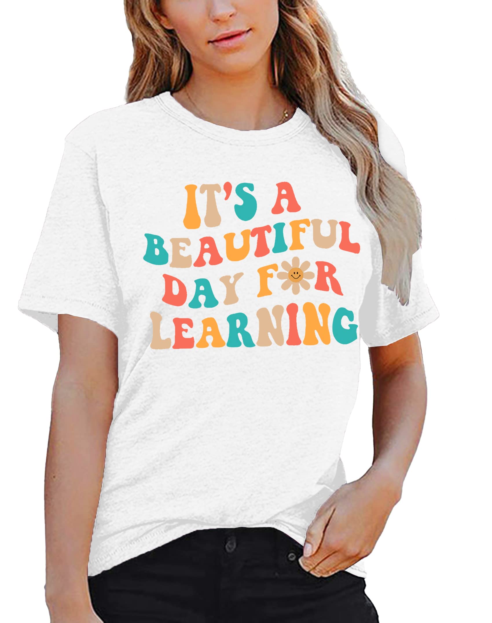 Summer Cotton Crew Neck Women Teacher Life Shirt Teacher Gift Short Sleeve Shirts It s a Beautiful Day for Learning T-Shirt Teacher T shirt