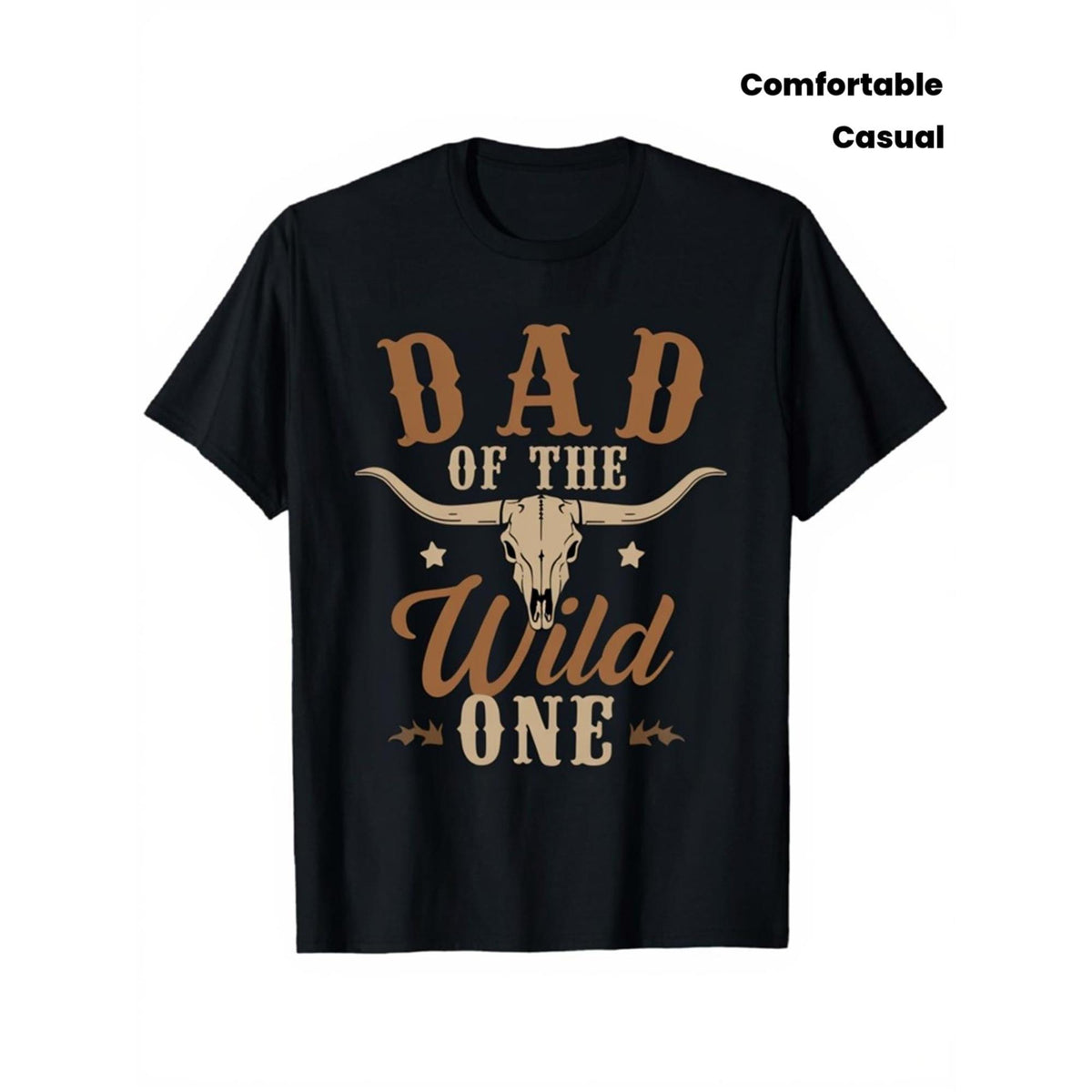 Men's 'Wild No. 1' Dad Graphic T-Shirt - 2D Western Cowboy Bull Skull & Bold Letters Top, Round-Neck Short-Sleeve Athletic Sportswear with Comfortable Fabric for Casual Wear