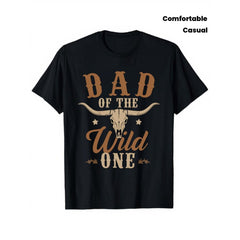 Men's 'Wild No. 1' Dad Graphic T-Shirt - 2D Western Cowboy Bull Skull & Bold Letters Top, Round-Neck Short-Sleeve Athletic Sportswear with Comfortable Fabric for Casual Wear