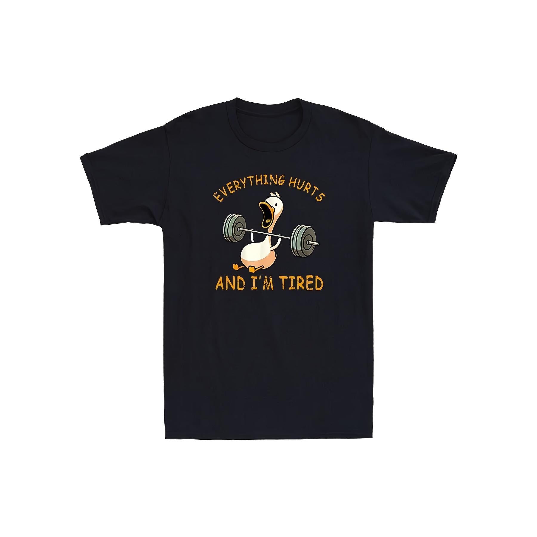 Funny Gym Fail Meme T-Shirt - Everything Hurts & I'm Tired Duck Weightlifting Design - Men's & Women's Matching Black Retro Fitness Shirt - Heavy Lifting Slogan - Casual Workout Outfit - Funny Gym Humor Apparel - Unisex Adult T-Shirt with Round Neck