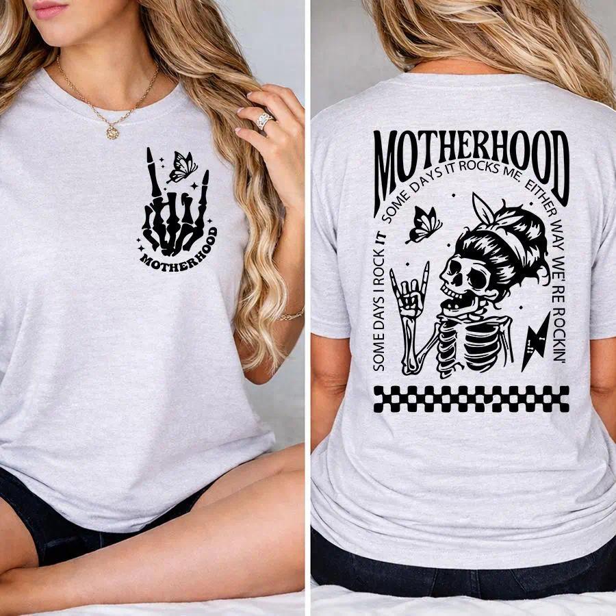 "Motherhood: Sometimes I Rock It, Sometimes It Rocks Me" shirt – a perfect unisex cotton tee for moms, great for Mother's Day!