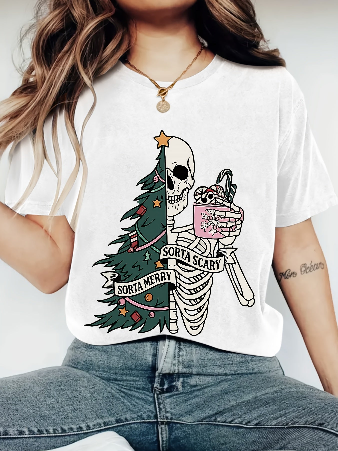 Sorta Merry Sorta Scary Skeleton Christmas Tree Graphic T-Shirt, Women's Funny Xmas Skeleton Hot Cocoa Short Sleeve Tee