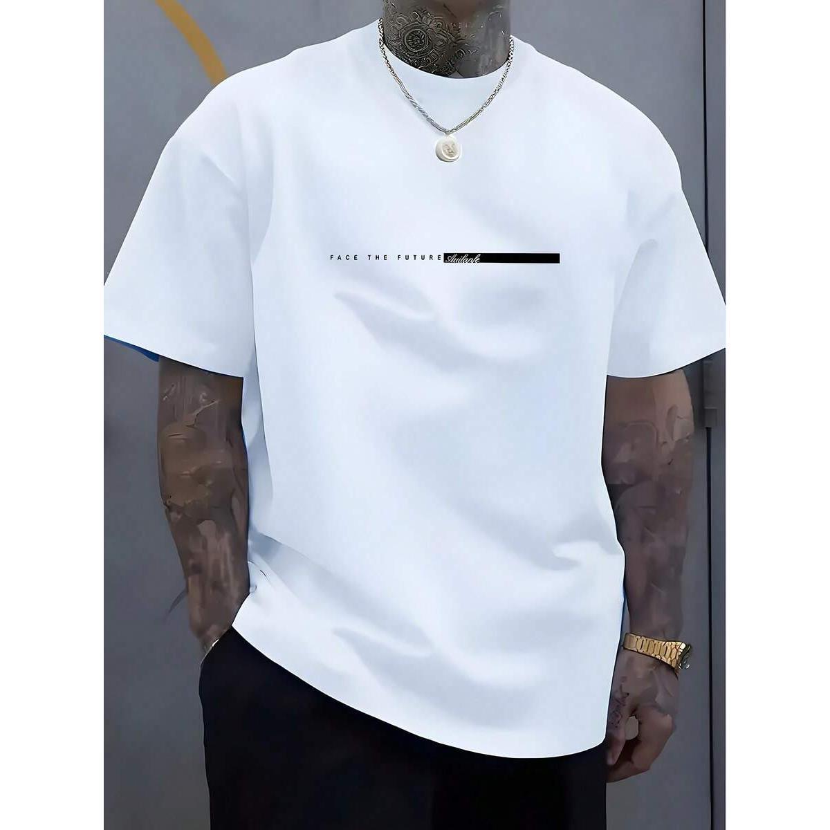 Men's Casual Crew Neck T-Shirt With Unique Letter Print,Black & White Graphic, Short Sleeve, Regular Fit, Summer Style, Comfortable Fabric, Perfect For Casual Attire, Everyday Tshirt| Bold Statement Shirt| Comfortable Fit