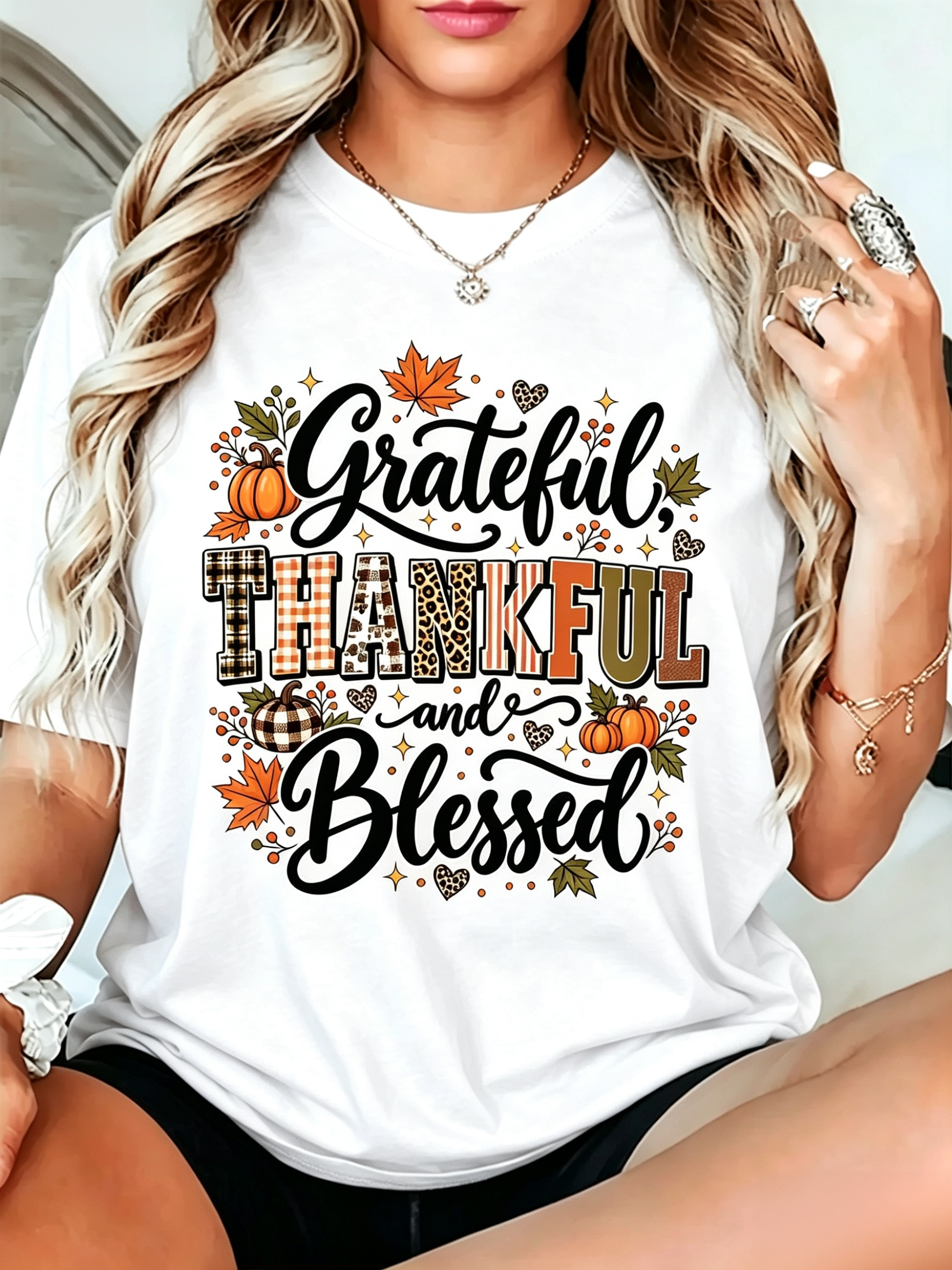 Women'S Fall T-Shirt With Grateful-Thankful-Blessed Print, Featuring A Round Neck And A Casual, Elegant