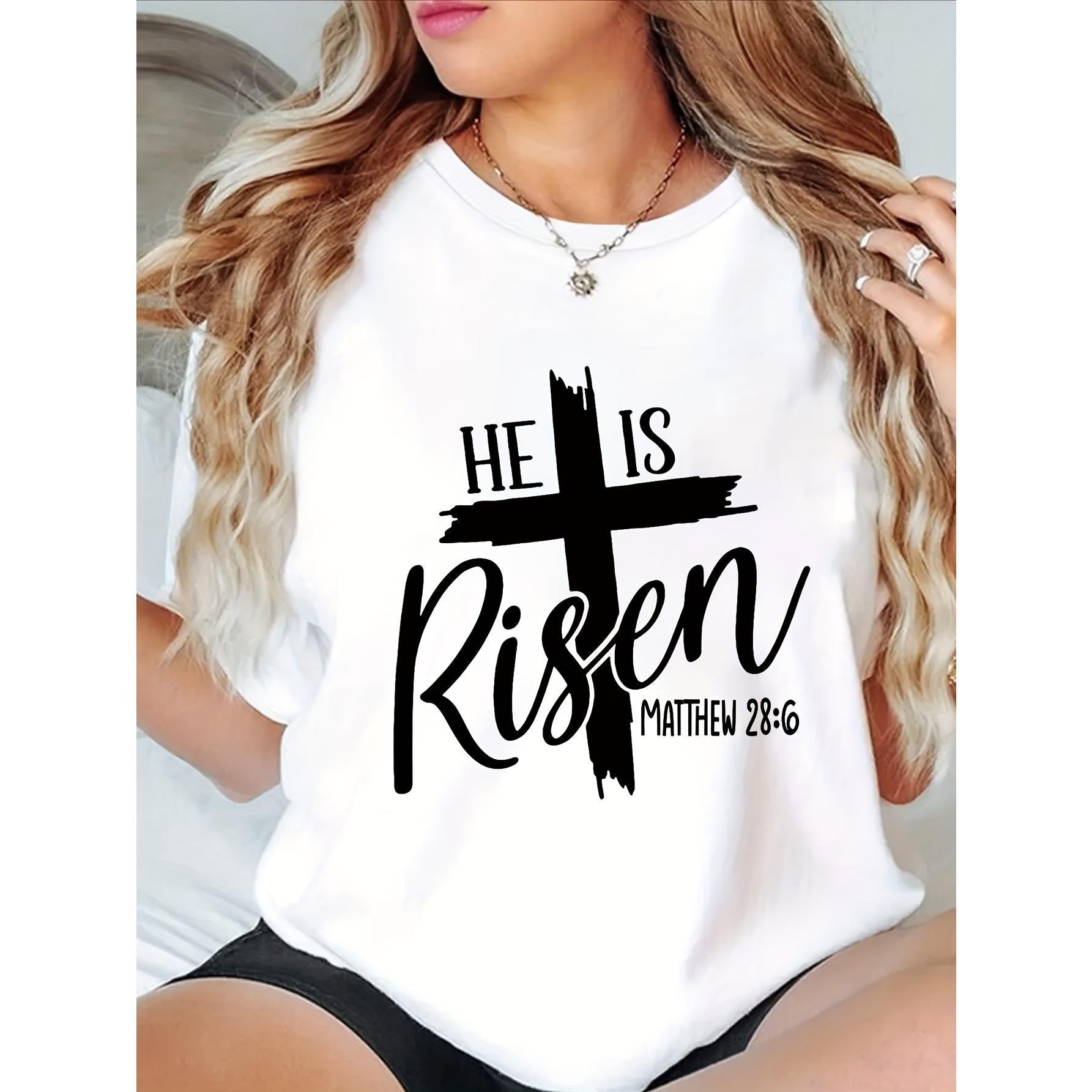 Women'S Casual Black T-Shirt with "He Is Risen" Christian Graphic - Soft Polyester Blend, Round Neck, Short Sleeve, Spring & Summer Top, Allseason Top|Religious Statement Shirt|Comfortable Fit