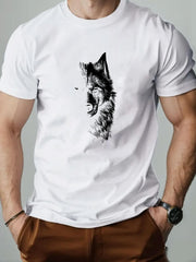 Fashionable Graphic Men's T-Shirt - Summer Casual Solid Color Round Neck Tee with Wolf, 100%Cotton Sportswear Mens