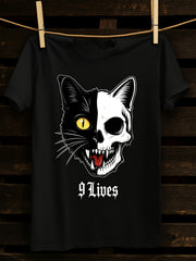 9 Lives T-Shirt, Half Cat Half Skull Graphic Tee, Gothic Black Short Sleeve Crew Neck Top