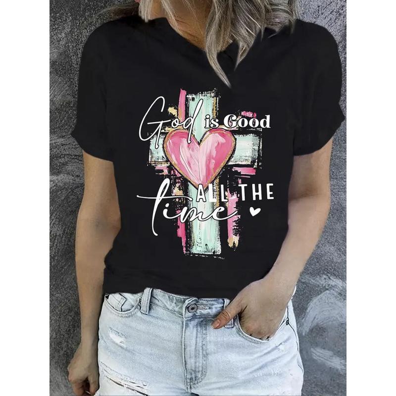Women's 100% Cotton Casual T-Shirt with Inspirational "God is Good All The Time" Print, Loose Fit Round Neck Short Sleeve, Breathable Summer Top for Outdoor Camping & Holiday Gifts, Allseason Wear | Religious Graphic Tee | Knit Fabric Tee