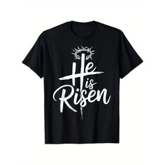 He is Risen Jesus Cross Religious Christian Easter T-Shirt for Men & Women - 100% Cotton Short Sleeve Tee, Trendy Street Style, Comfortable Casual Summer Top, Must-Have Fashionable Crew Neck Shirt for Festivals & Dating