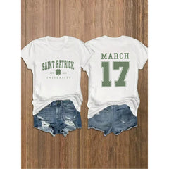 Plus Size Women's St. Patrick's Day Graduation T-Shirt - Heavy Academic Shirt With Front And Back Print In Dark Purple And Green Letters For Campus Activities, St. Patrick's Day - Machine Washable College Style Clothing, Casual Wear
