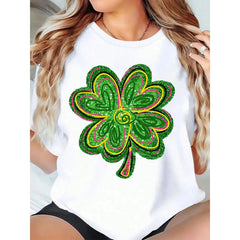 St. Patrick's Day Women's T-Shirt With Sequin Shamrock Design, Lucky Four Leaf Clover Print Top For Irish Festival, Casual Holiday Outfit For Saint Patrick's Day Celebration,220g