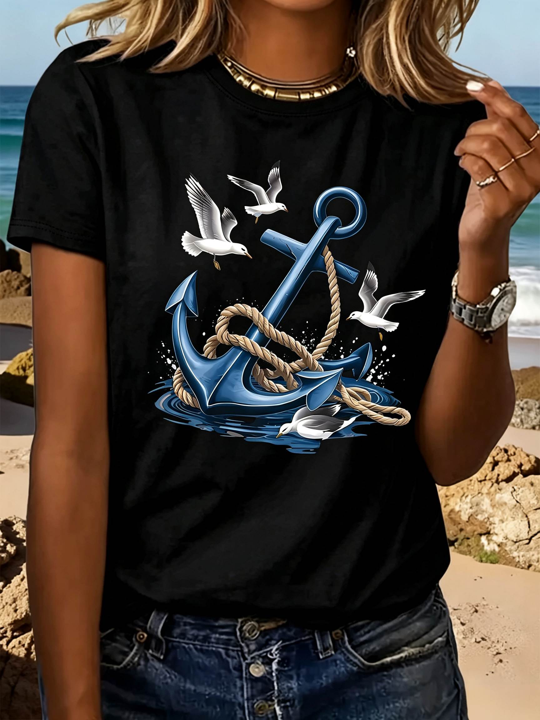 Nautical Anchor T-Shirt Seagulls Ocean Lover Coastal Beach Tee