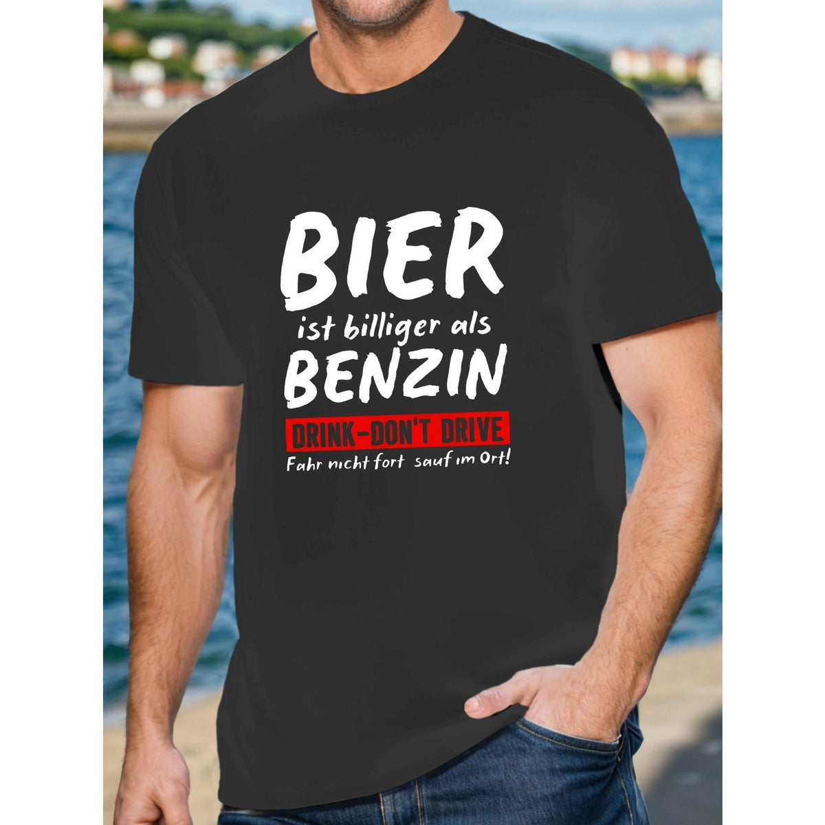 "Beer Is Cheaper Than Gas" Graphic Tee for Men - German-Inspired Short Sleeve, Round Neck, Polyester Summer Top