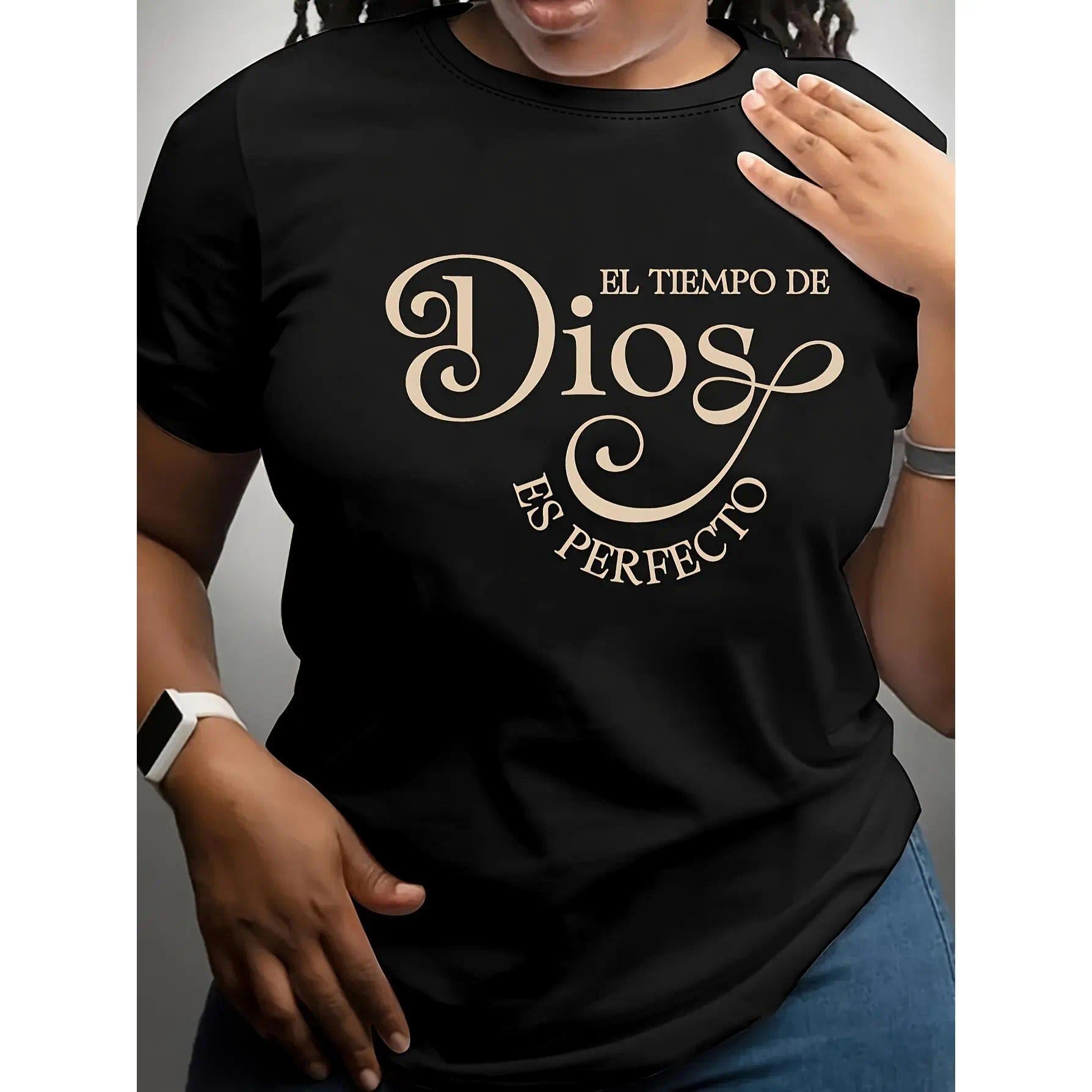 Women's Soft Short Sleeve T-Shirt - "El Tiempo De Dios Es Perfecto" Print, Black, Comfortable & Stylish Pullover for Spring/Summer