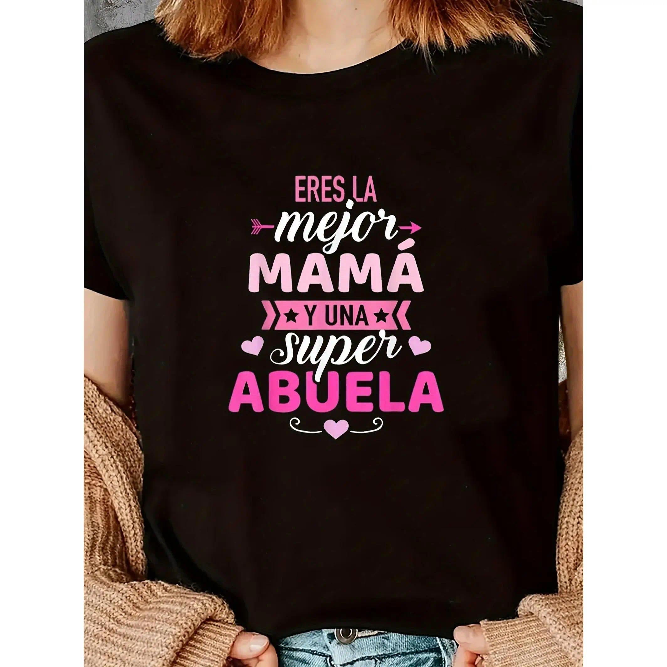 Women'S Black Mother'S Day T-Shirt with Pink Letter Print-Mejor Mama Design, Short Sleeve Crew Neck, Comfortable Polyester Blend,Perfect Gift for Mom, Allseason Apparel| Mother'S Day Theme| Stretchy Fabric