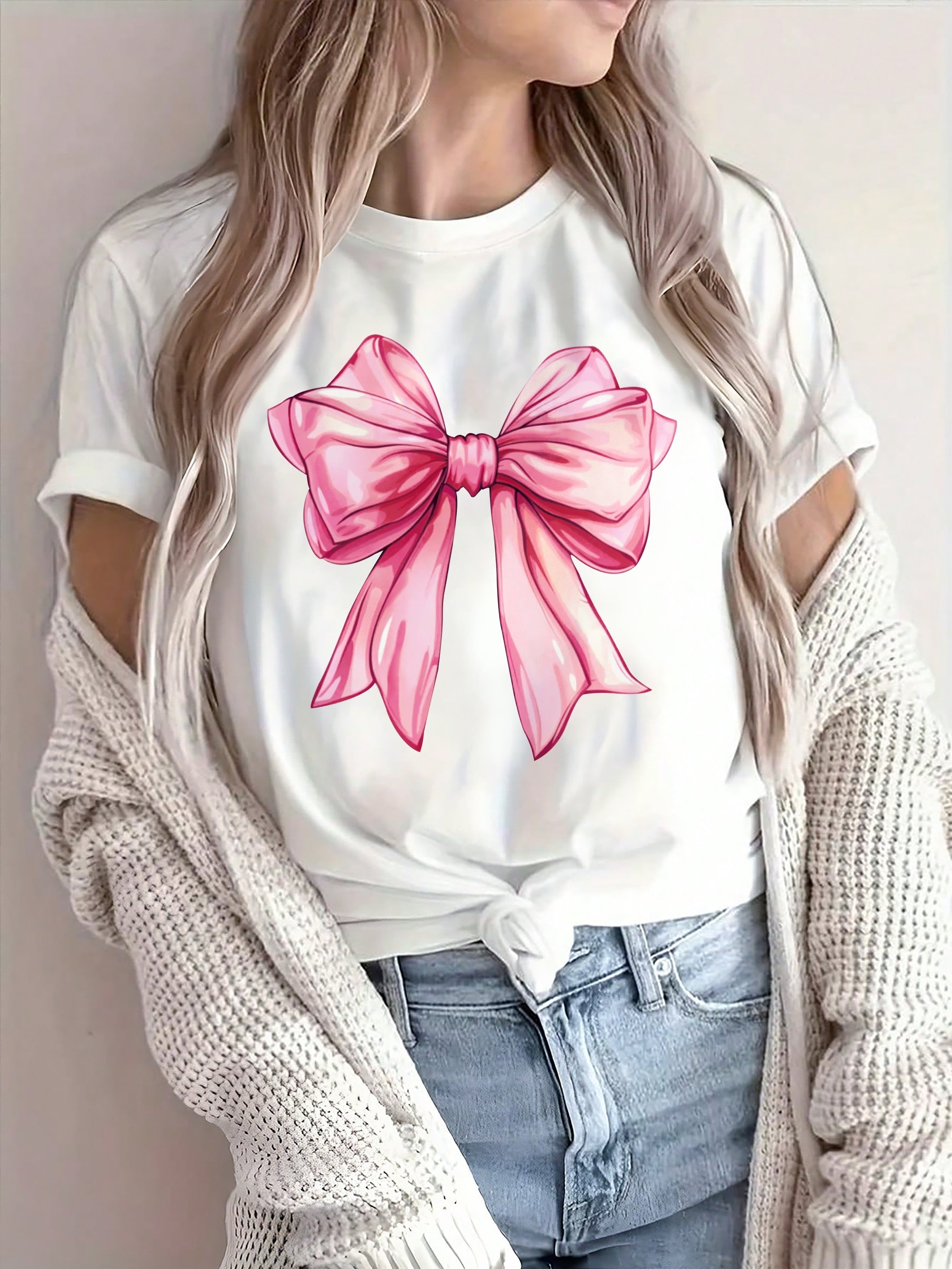 Women's Casual Short-Sleeve T-Shirt, Elegant Pink Bow Print – Breathable Crew-Neck Top