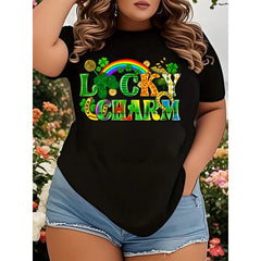 Lucky Charm St. Patrick's Day T-Shirt For Women - Rainbow Shamrock Design Plus Size Irish Holiday Top, Fun Festive Graphic Tee For Saint Patrick's Day Celebration