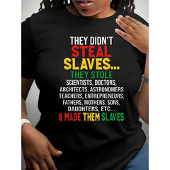 Casual Round Neck Letter Print T-Shirt, Juneteenth Celebration, Breathable & Stretchy, All Seasons