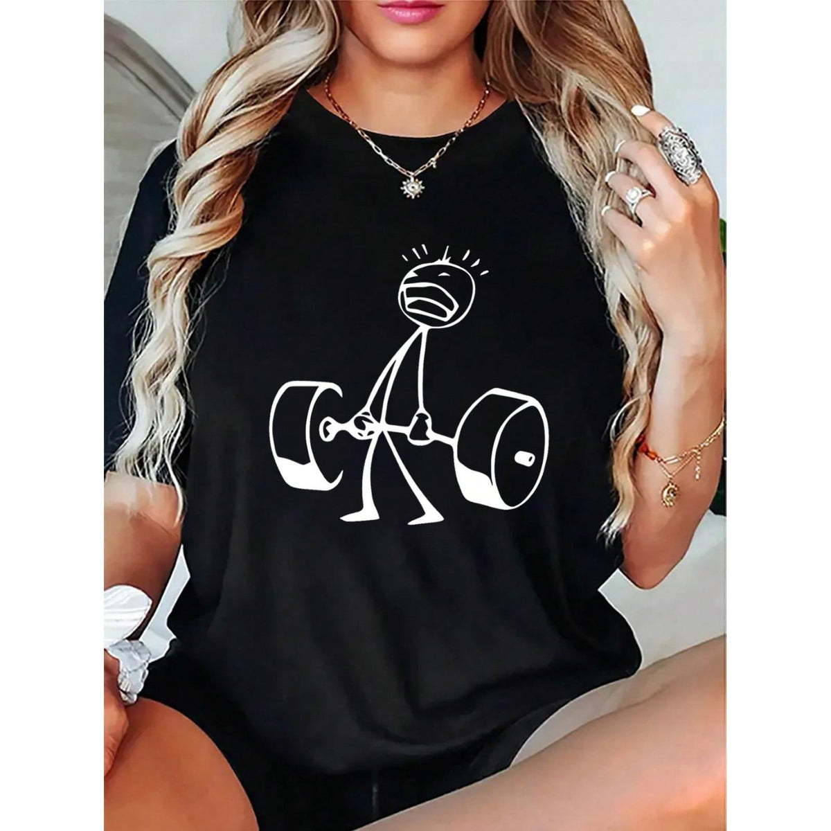 Women's Oversized Funny Workout Graphic T-Shirt - Black Short Sleeve Oversized Tee With Humorous Stick Figure Lifting Weights Print. Loose Fit Soft Cotton Top, All-Season
