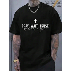 Men's Plus Size Cotton Faith-Based Fashion T-Shirt, Oversized Short-Sleeve Breathable Top with "Pray Wait Trust God Has A Plan" Graphic Print for Casual Wear
