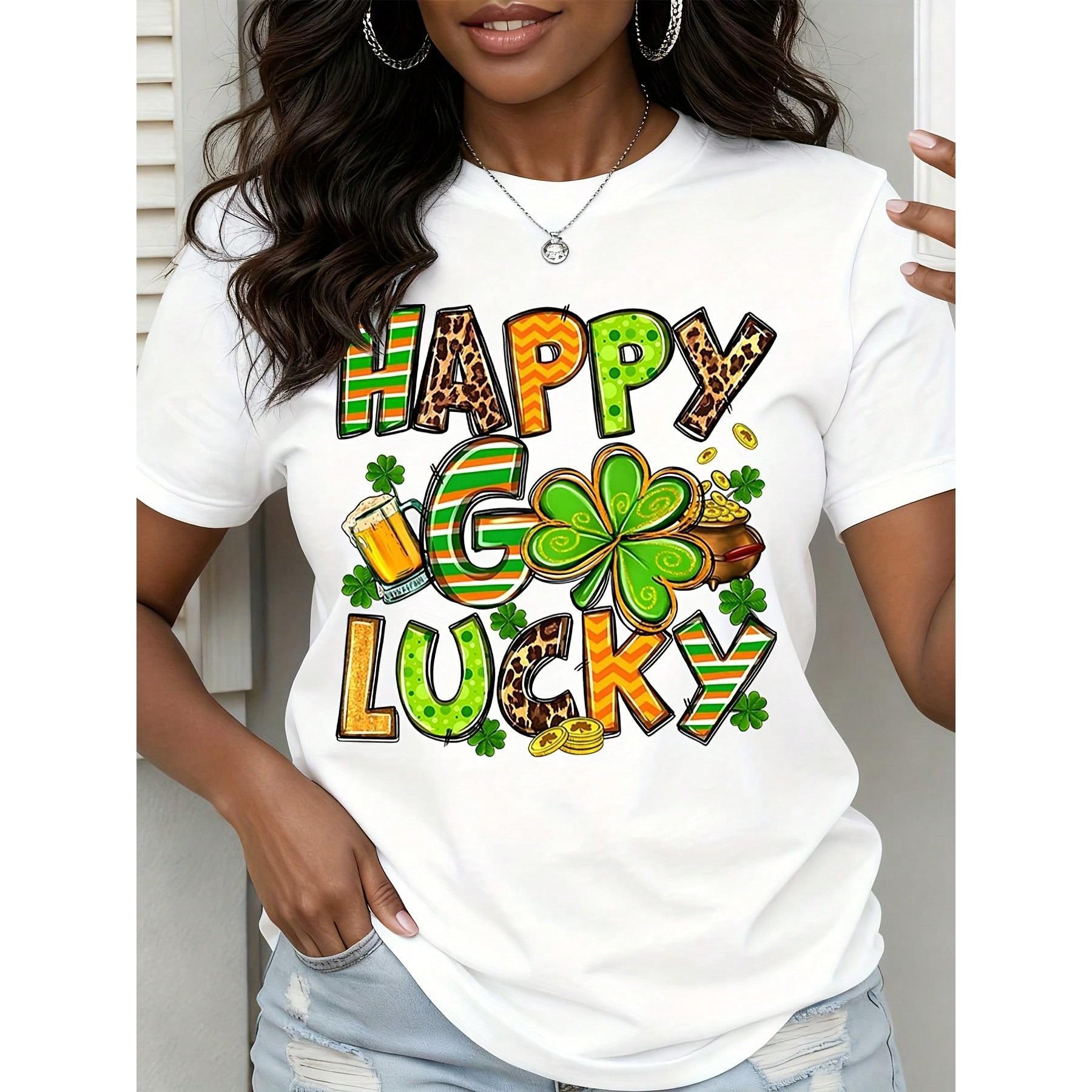 Happy Go Lucky St Patrick's Day Shirt Women's Festive T-Shirt With Clover Beer And Gold Design For Saint Patrick's Day Celebration