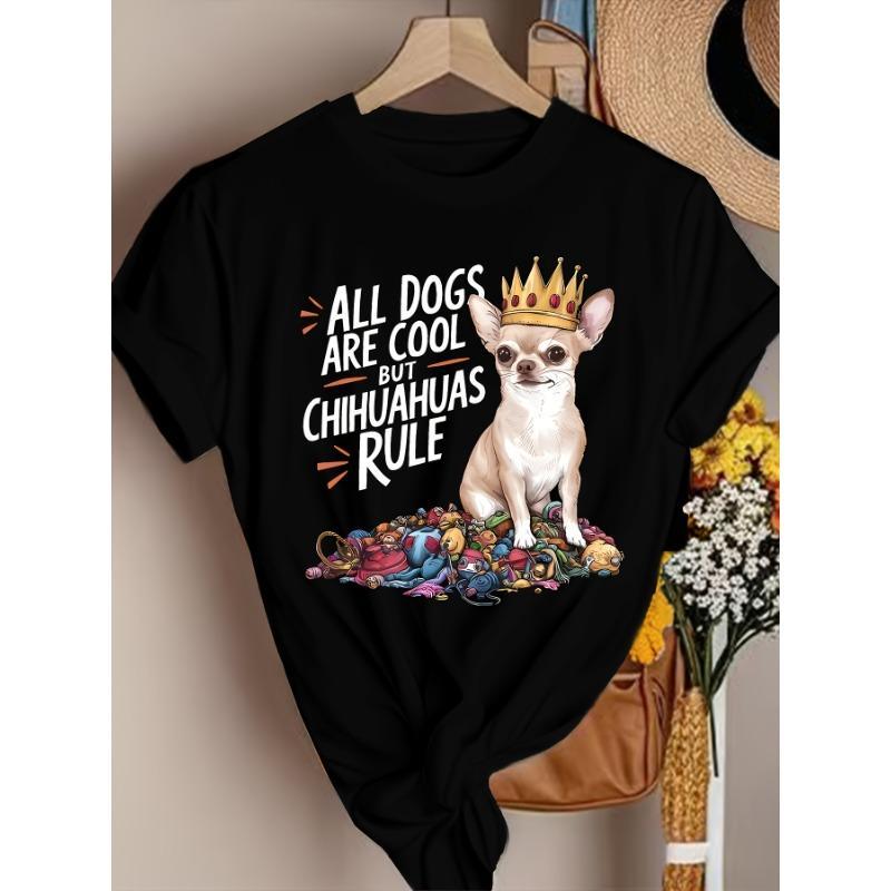 Chihuahua Puppy Print T-shirt | Casual Short Sleeve Crew Neck Top, Stylish All-Season Women'S Clothing, Slight Stretch Fabric