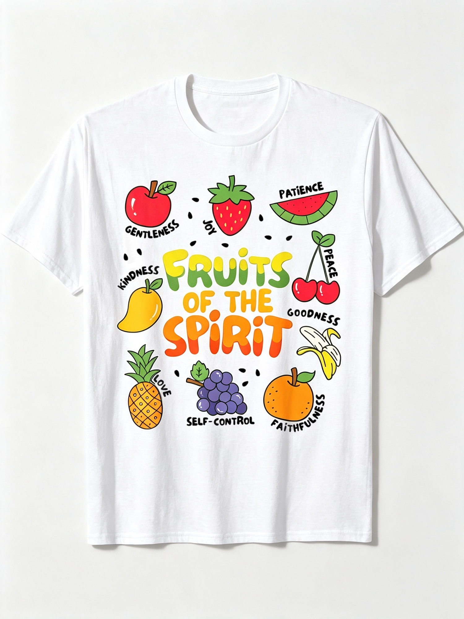 Fruits Of The Spirit Colorful Fruit Graphic T‑Shirt, Inspirational Christian Casual Short Sleeve Tee