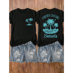 Sunsets Beach Palm Tree And Letter Print Short Sleeve Round Neck T-Shirt, Suitable For Casual, Outdoor, Holiday Everyday Wear, All Seasons
